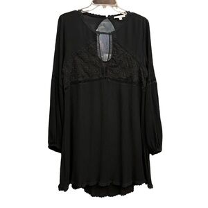 Patrons of Peace dress Boho Gauze-Like Embroidered Keyhole Mini Dress in Black M